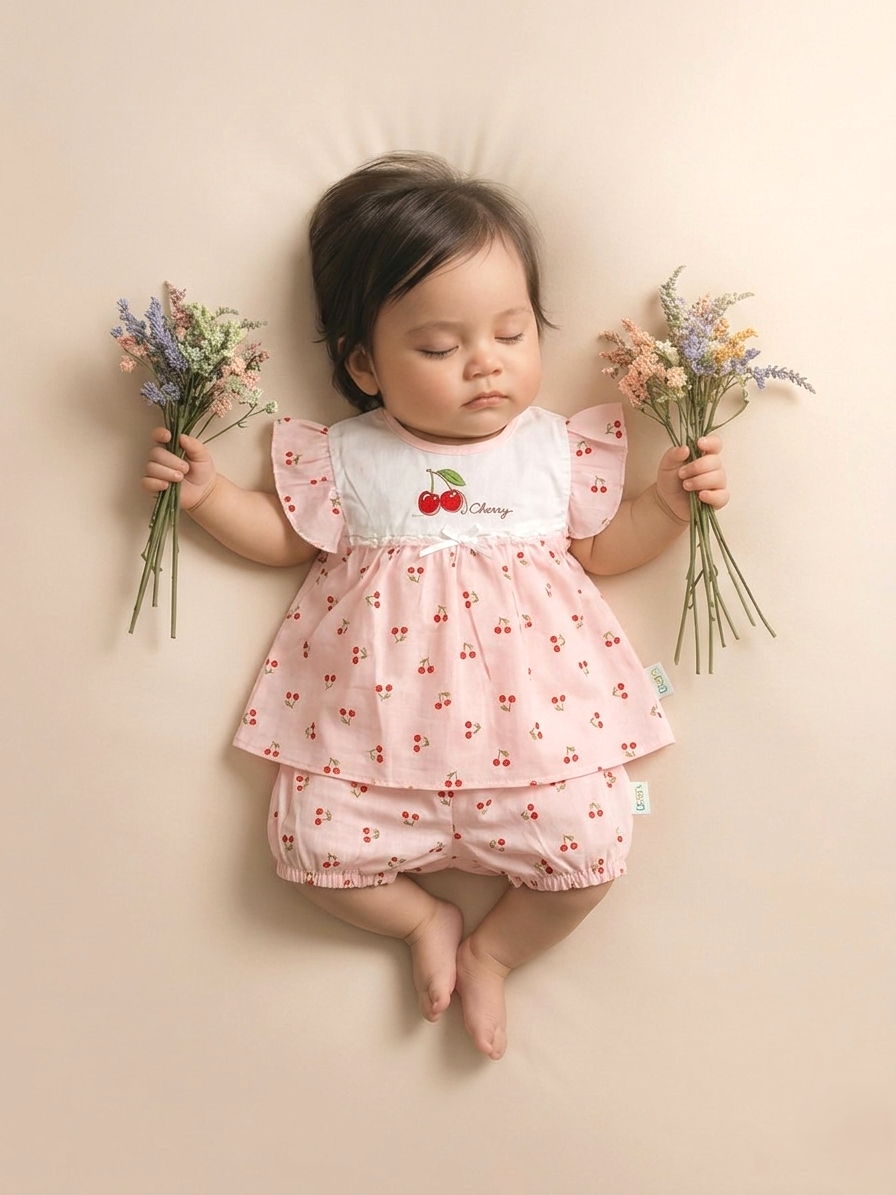 Premium Baby Girl Pink Cherry Print 2-Piece Cotton Set