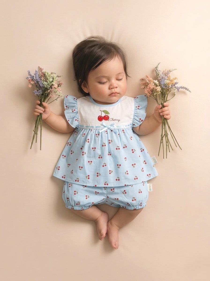 Baby Girl Sky Blue Cherry Print 2-Piece Cotton Set