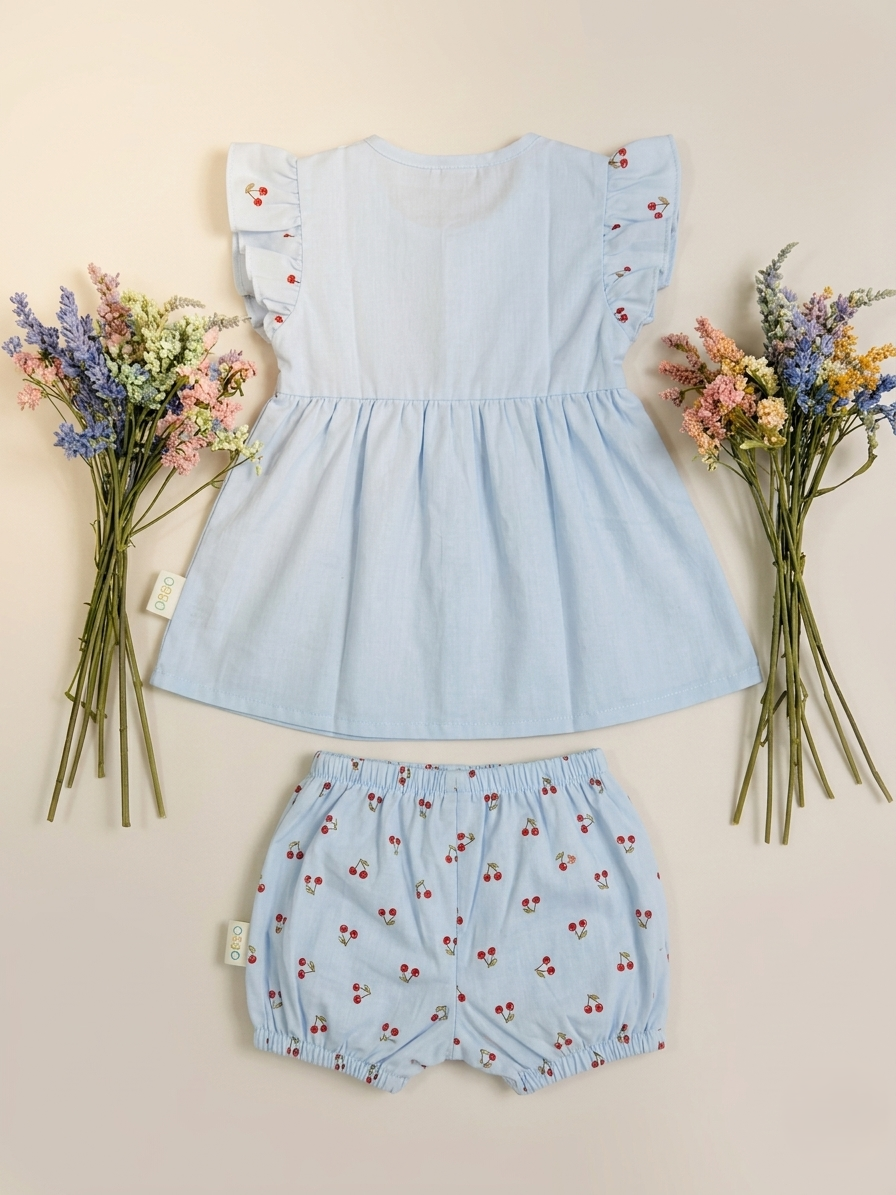 Baby Girl Sky Blue Cherry Print 2-Piece Cotton Set