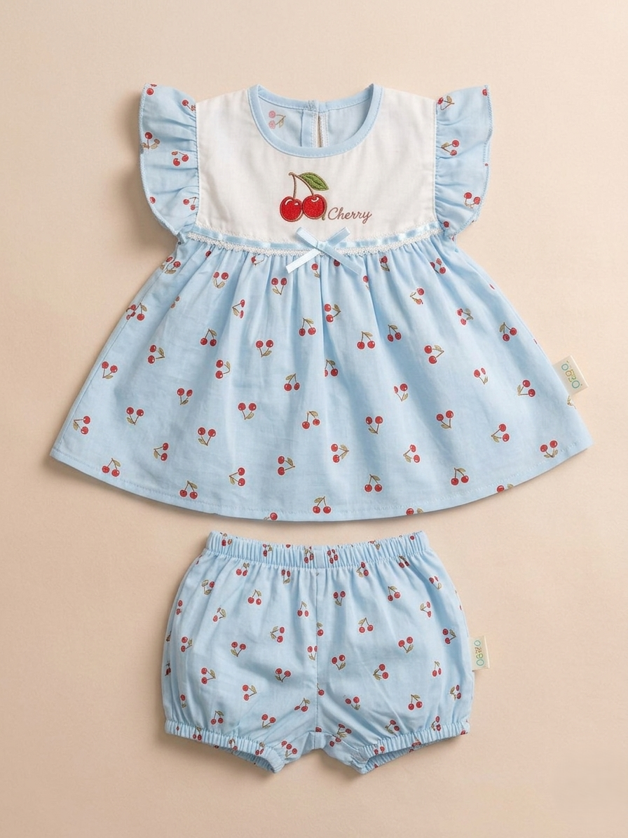 Baby Girl Sky Blue Cherry Print 2-Piece Cotton Set