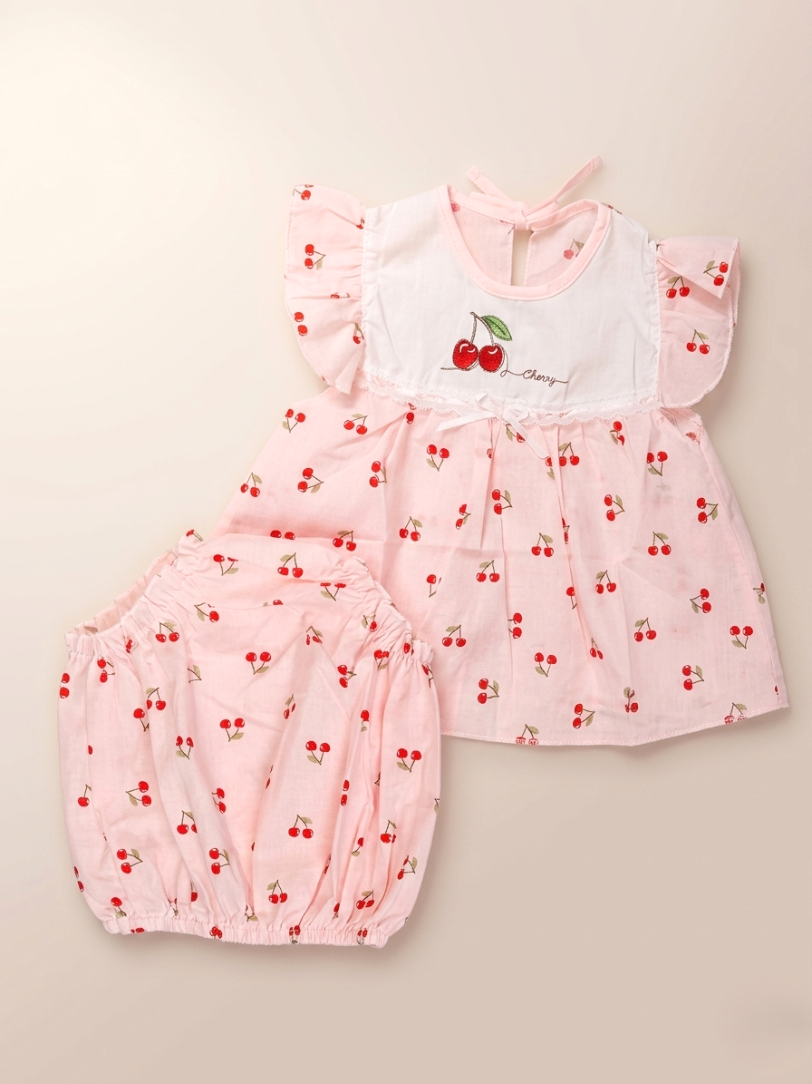 Premium Baby Girl Pink Cherry Print 2-Piece Cotton Set